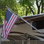 A USA flag on an RV at a campsite at Tower Campground in Sioux Falls South Dakota